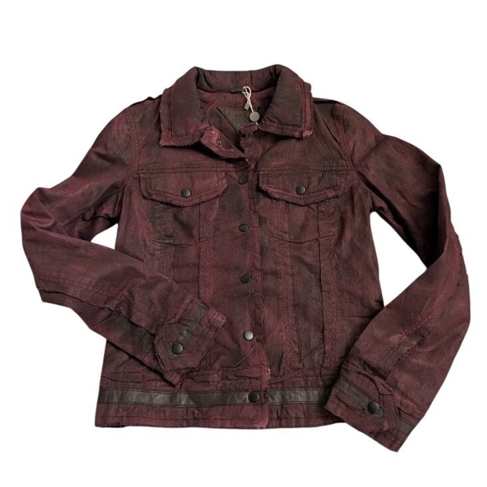 Be Edgy Selena D Red Wine Distressed Cotton Moto Jacket Small Leather Accent NEW